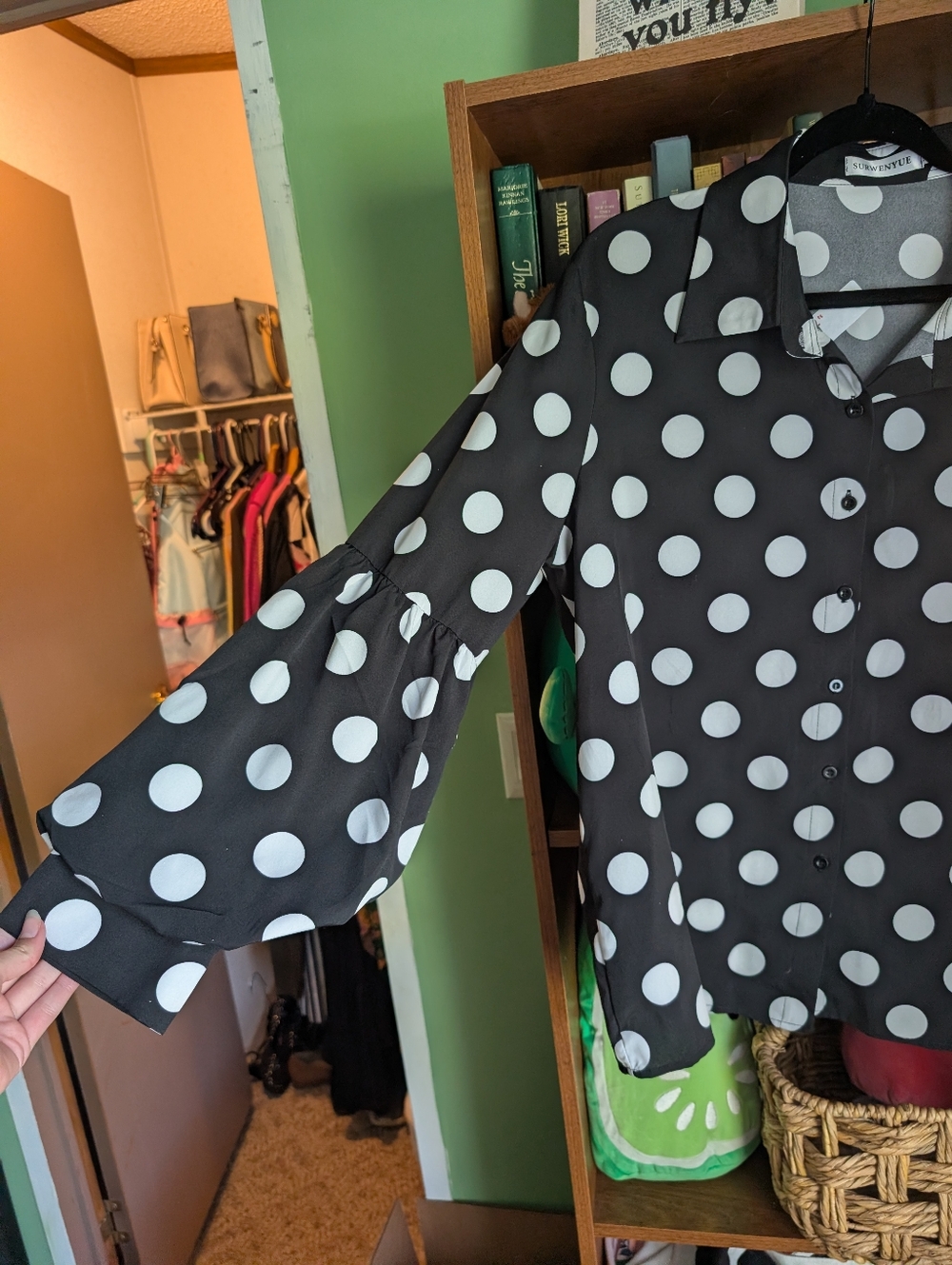 Polka Dot Button-Up Ruffle Sleeve Top - Black/White - Picture 3 of 8
